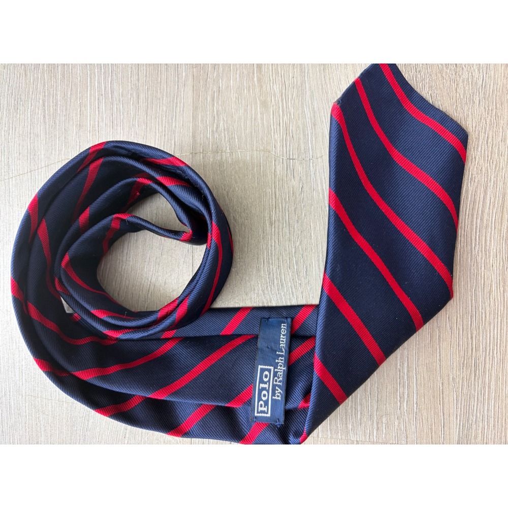 Polo Ralph Lauren Silk Tie Navy Blue Red Rep Stripe Hand Made in Italy Mens